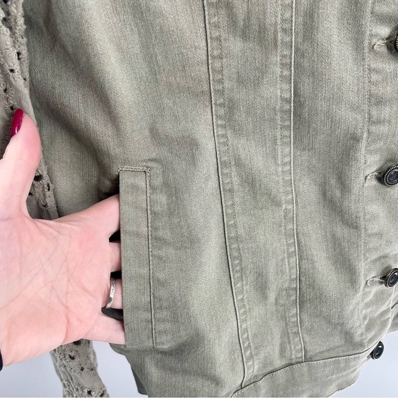 Diane Gilman DG2 Sage Green Denim Lightweight Eyelet Sleeve Hooded Jean Jacket - Picture 4 of 10